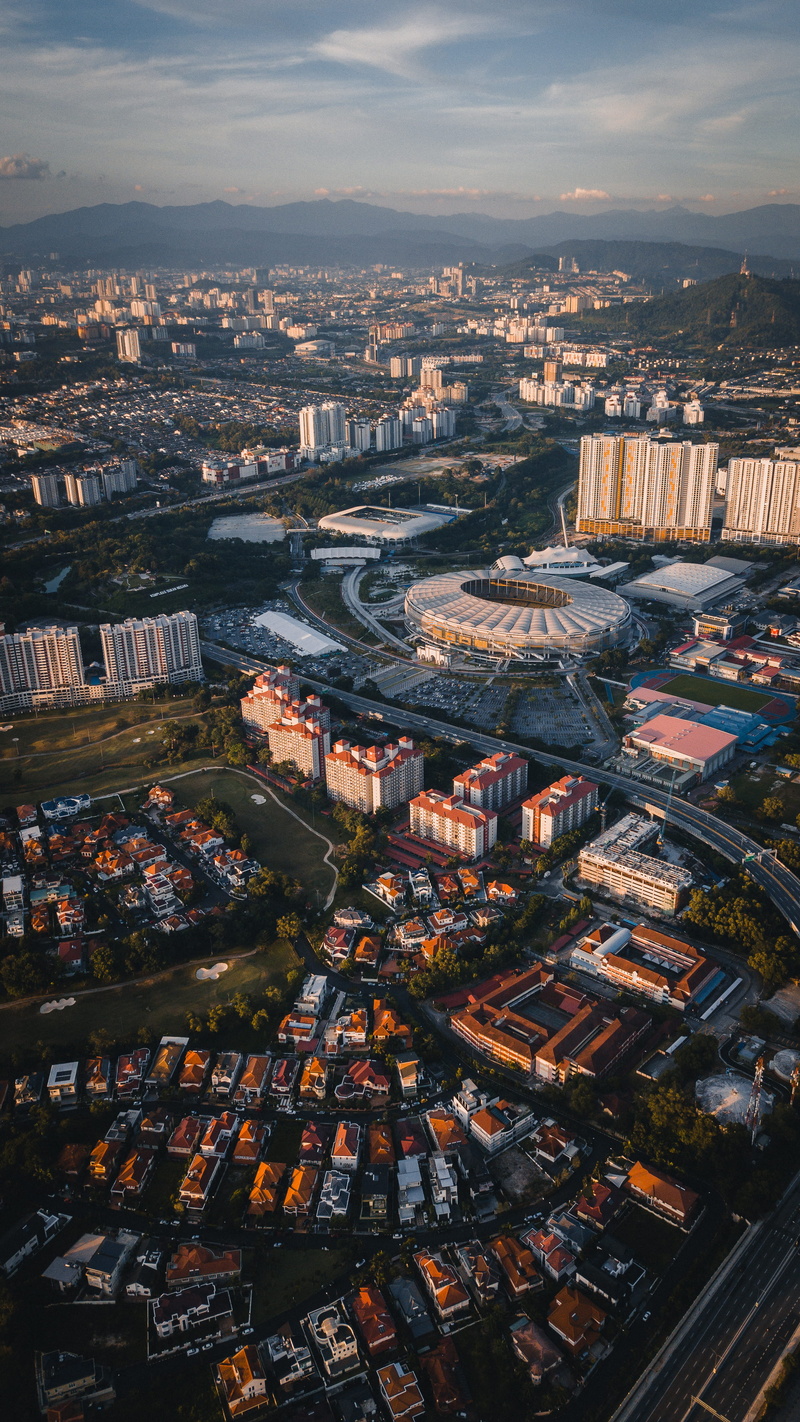 town, 4K, sky, landscape, cityscape, crowd, bukit jalil, built structure, high angle view, stadium, kuala lumpur, buildings, community, city, downtown