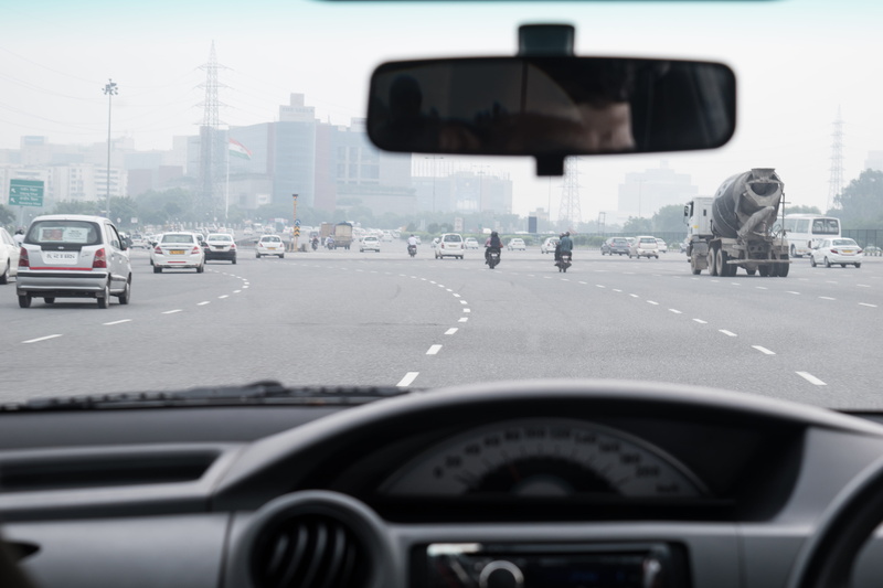 day, traffic, indian road, transparent, highway, street, travel, road, windshield, driving, glass - material, motor vehicle, mode of transportation, new delhi