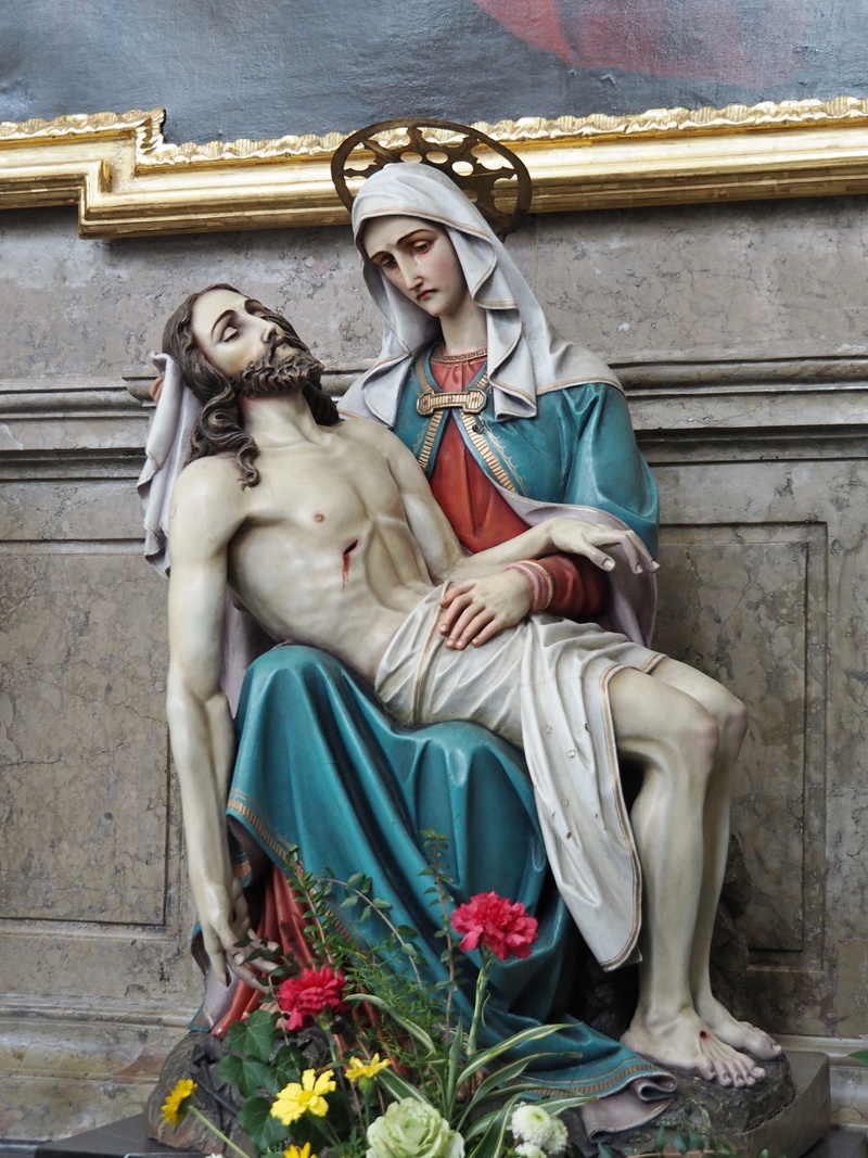 jesus, female likeness, day, pieta, couple - relationship, beautiful woman, sculpture, mary, built structure, young adult, sitting, real people, male likeness
