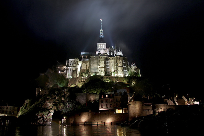 built structure, history, travel, brittany, atlantic coast, water, nature, reflection, top, palace, spire, abbey, concrete, building, france, night, atlantic