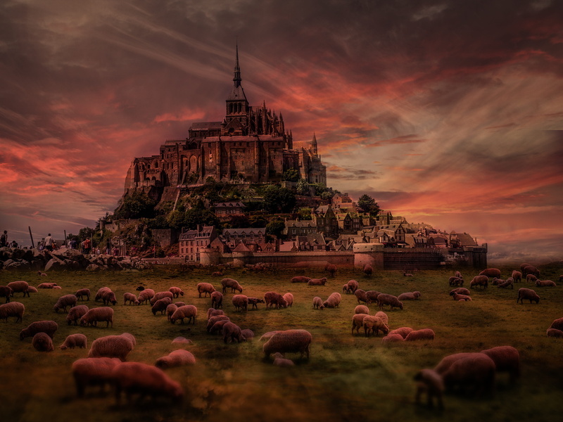 france, sunset, built structure, place of worship, abbey, belief, history, no people, cloud - sky, travel destinations, sheep, environment, monastery, spire