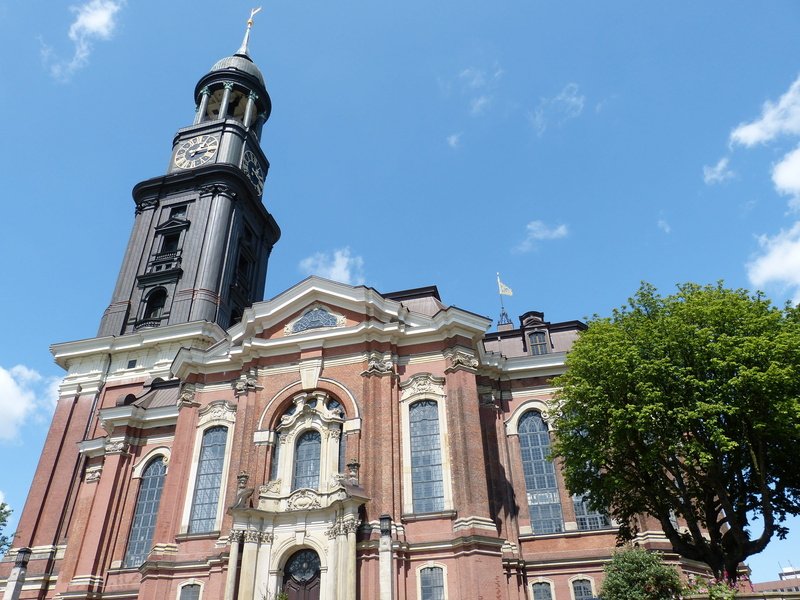 cloud - sky, architectural column, travel destinations, Hamburg, Church, low angle view, michel, clock, day, main church, building exterior, architecture