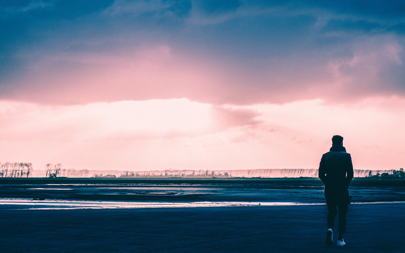 sky, silhouette, 5K, mont st michel, rear view, land, trees, cloud - sky, one person, beauty in nature, beach, ocean, outdoors, leisure activity, real people