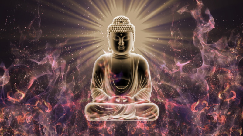 2K, buddha sitting closed eyes digital art buddhism meditation glowing fire blurred fractal abstract