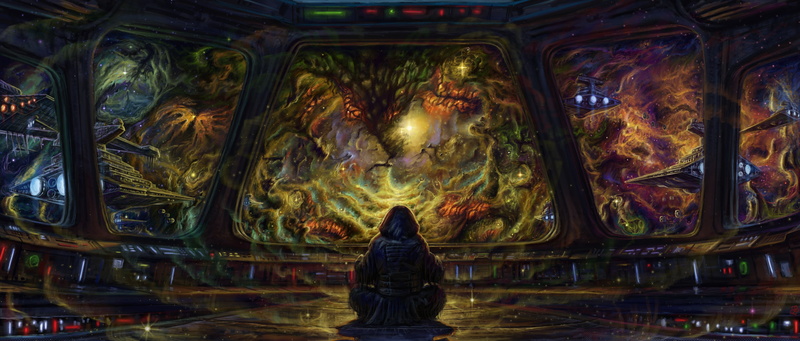 illustration, adult, indoors, asia, buddhism, Navy, art, male likeness, space, architecture, buddha, sitting, star wars, famous Place, women, sculpture