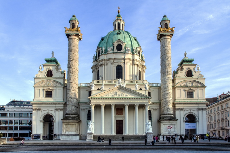 4K, standing, place of worship, history, building exterior, vienna, downtown, church, arch, facade, city, tourism, famous Place, europe, charles square