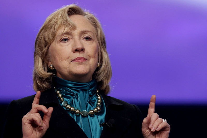 blue, emotion, adult, blond hair, hillary rodham clinton, women, looking at camera, gesturing, indoors, hairstyle, portrait, studio shot, colored background