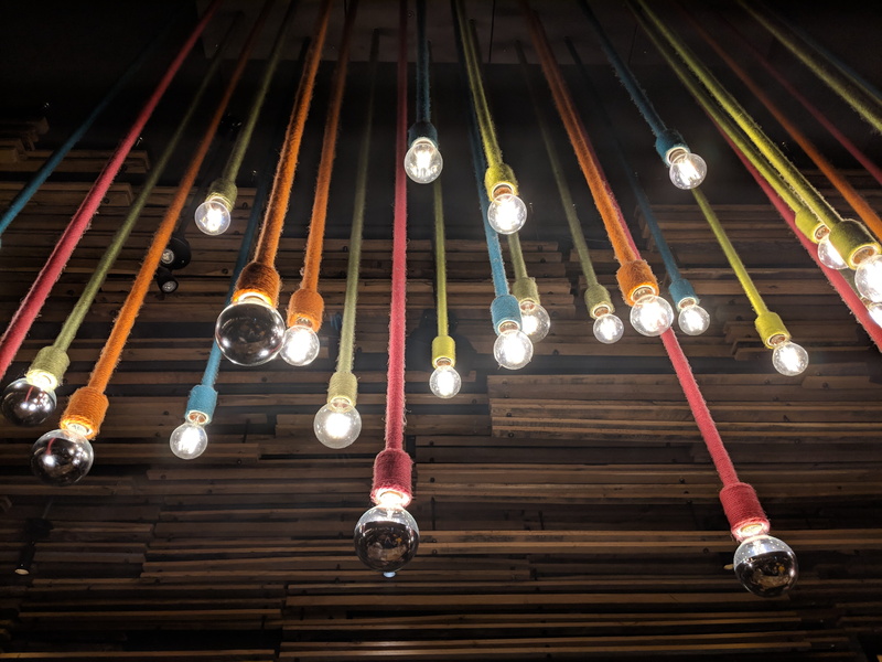 pub, in a row, focus on foreground, ceiling, led, low angle view, floor, 4K, string, decoration, illuminated, 90 elgin st, sphere, no people, sunlight