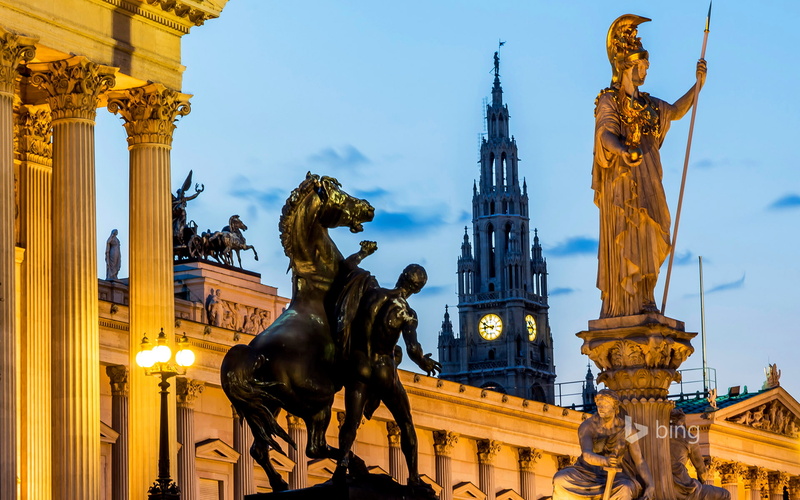 Vienna, the statue of the goddess Pallas Athena, 1080P, tower, Austria, Parliament, town hall