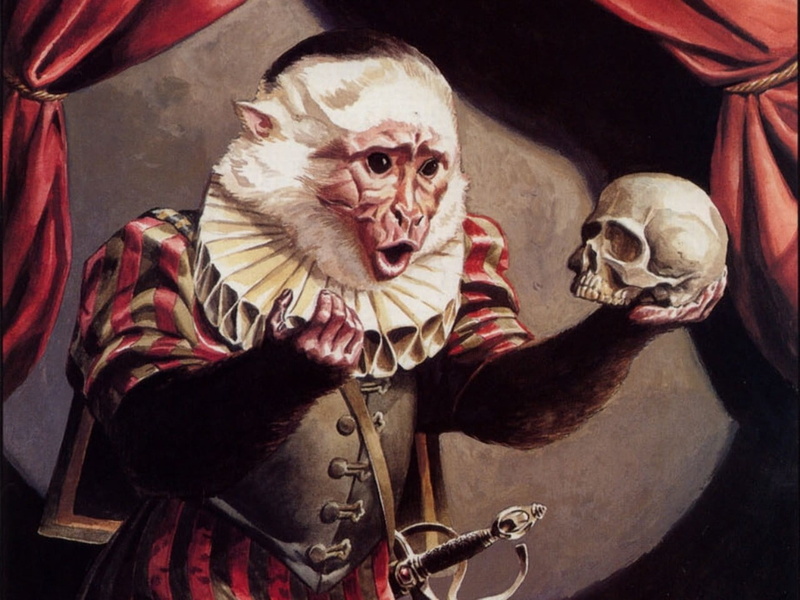 mammal, disguise, looking at camera, indoors, Hamlet, people, skull, monkey, 720P, fear, horror, halloween, representation, portrait, spooky, front view
