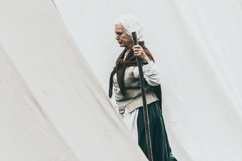 lifestyles, males, grey, village, senior adult, contemplation, architecture, female, stick, waist up, white hair, casual clothing, standing, black, gray hair