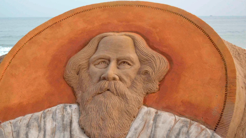 a sand sculpture, artist, 1080P, writer, Rabindranath Tagore, the poet, India, composer