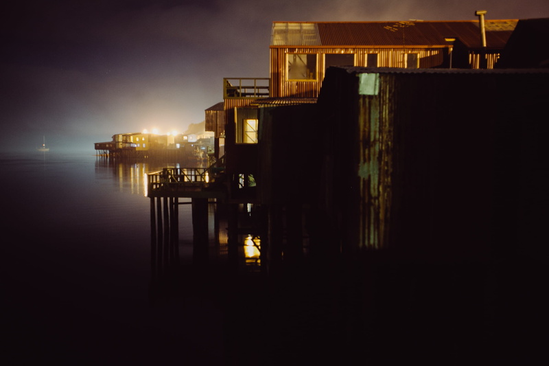 illuminated, built structure, dark, no people, chiloe, business, sky, reflection, pacific, castro, water, building, 2K, ocean, sea, nature, pier, chile
