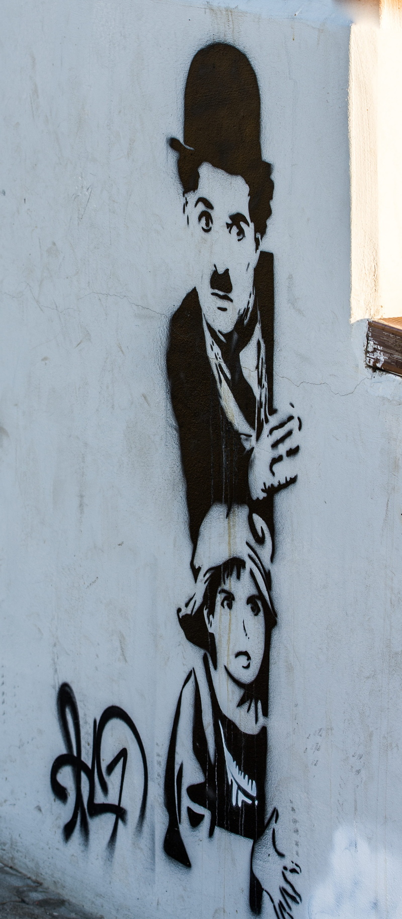 buffoon, profession, charlie, indoors, boy, chaplin, representation, wall, close-up, hat, art and craft, human representation, day, street art, man, male likeness
