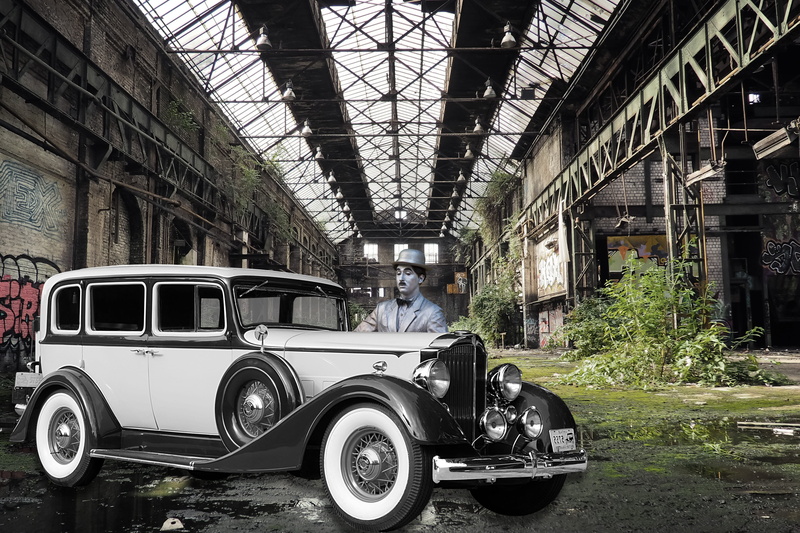 indoors, mode of transportation, black white, damaged, real people, garage, old factory, built structure, charlie chaplin, men, car, lost place, factory building