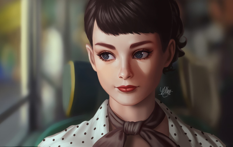 2K, face, Yellow Lemon Cat, short hair, women, artwork, Audrey Hepburn, portrait, digital art