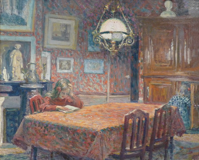 room, 1080P, girl, Under the lamp, interior, genre, table, Henri Lebacq, picture