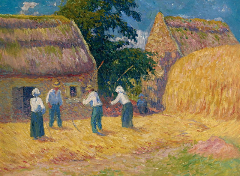 motodiva, house, genre, Threshing grain, picture, Henri Moret, 1080P, people, yard, Threshing of Grain, stack