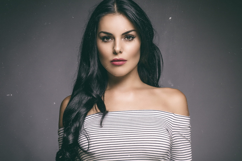 brown eyes, 1080P, long hair, portrait, brunette, Kris Karl, bare shoulders, face, Poppy Haskell, black hair, women, simple background