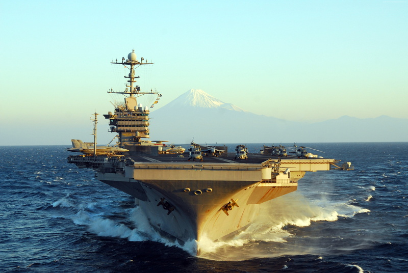4K, U.S.Navy, Fuji Japan, USS George Washington, aircraft carrier, mountain, CVN-73, Nimitz class