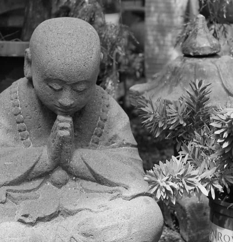 creativity, statue, no people, zen, male likeness, spirituality, garden, plants, gray, meditating, meditative, near, 2K, monk, focus on foreground, peace