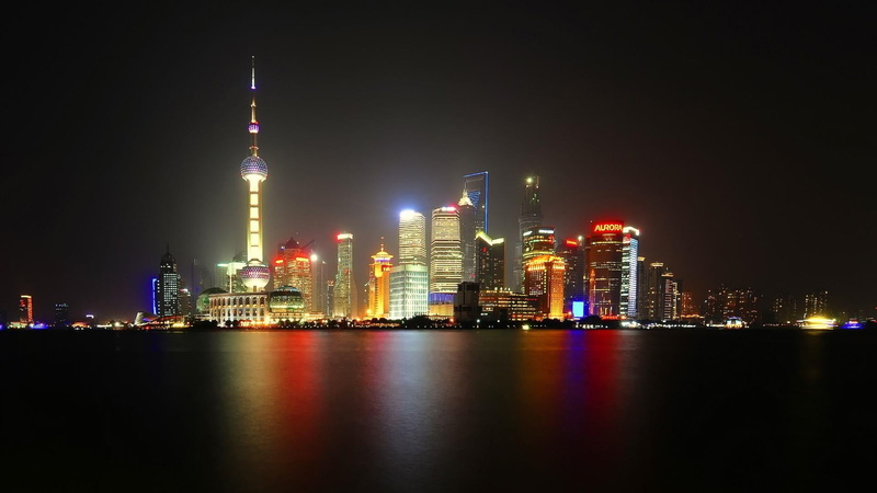 reflection, tall - high, china, darkness, shanghai, nightlife, 1080P, landscape, building exterior, illuminated, architecture, pudong, cityscape, outdoors