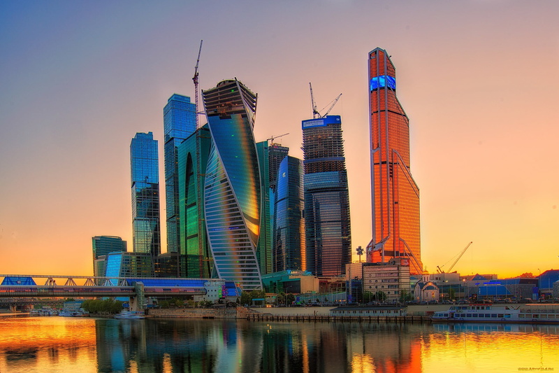 building Exterior, sunset, travel destinations, the sky, modern, architecture, 1080P, urban Scene, no people, Moscow-City, waterfront, blue, construction Industry