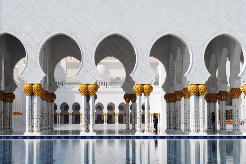 sky, side by side, water, no people, text, sheikh zayid mosque, White Mosque, Abu Dhabi, pool, building, close-up, communication, architectural column