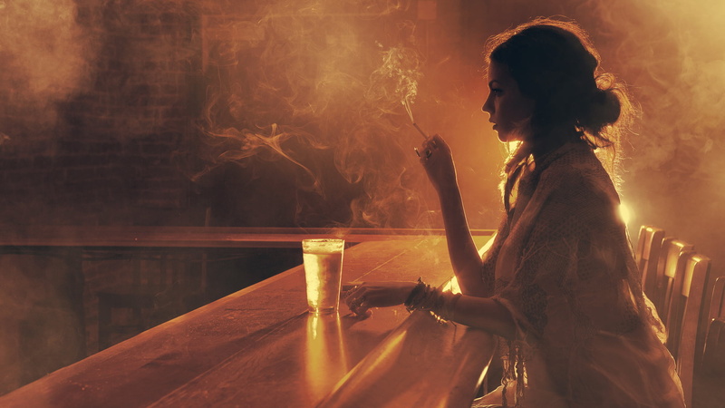 alcohol, side view, night, activity, white, s, cigarette, drink, table, adult, nightgown, sitting, young women, smoke, people, young Adult, smoking - activity