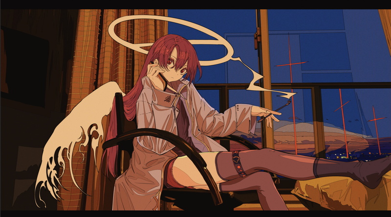 smoke, anime, digital art, anime girls, redhead, socks, long hair, room, 4K, cigarettes, red eyes, portrait