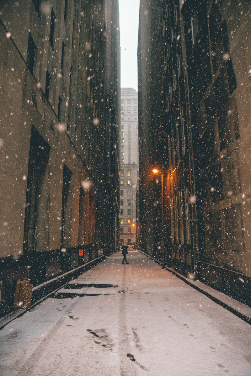 downtown, walking, office building exterior, glow, cold temperature, buildings, walk, nature, track, movie, building exterior, wet, snow, tracks, road