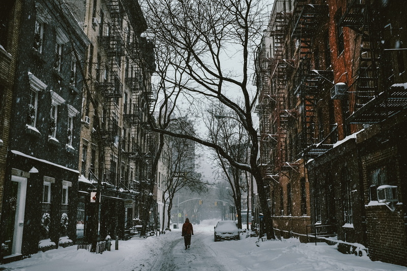 buildings, building exterior, concrete, trees, snowing, extreme weather, nature, outdoors, near, road, snow, parked, 4K, bare, building, plant, warm clothing