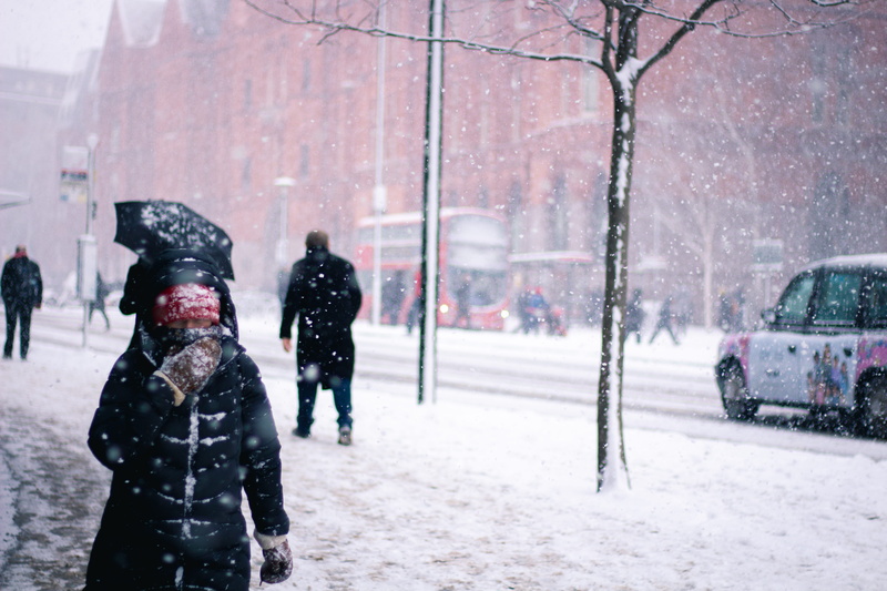 sidewalk, weather, cold temperature, day, cold, covered, london, architecture, incidental people, nature, wind, adult, tree, london bus, person, rear view