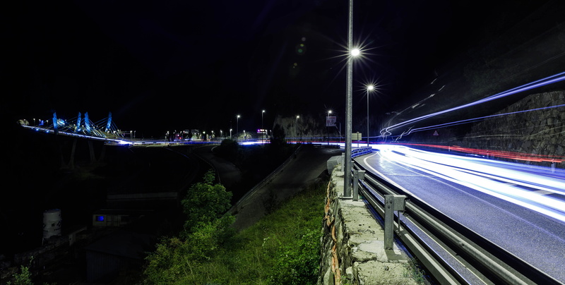 evening, road, city, blurred motion, urban, mode of transportation, night, grass, highway, trees, speed, no people, bridge, hill, transportation system