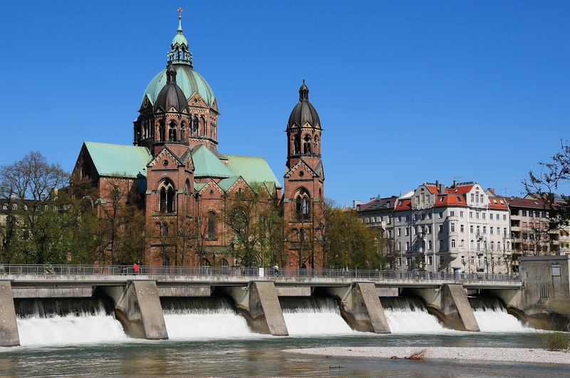city breaks, light, city, landscape, bavaria, sun, bank, clouds, bridge - man made structure, religion, waters, isar, mirroring, flow, lukes church, romantic