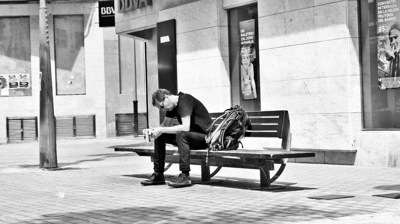 built structure, seat, architecture, trip, arrecife, bench, weary traveler, sitting, outdoors, black and white, photograph, choice, young men, casual clothing