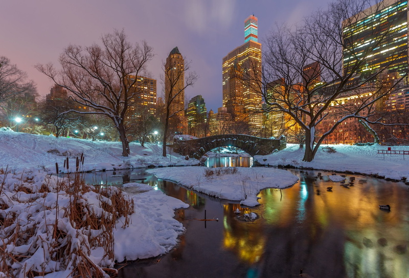 Central Park, Bridge, Night, Winter, Snow, USA, New York, 1080P, Man Made