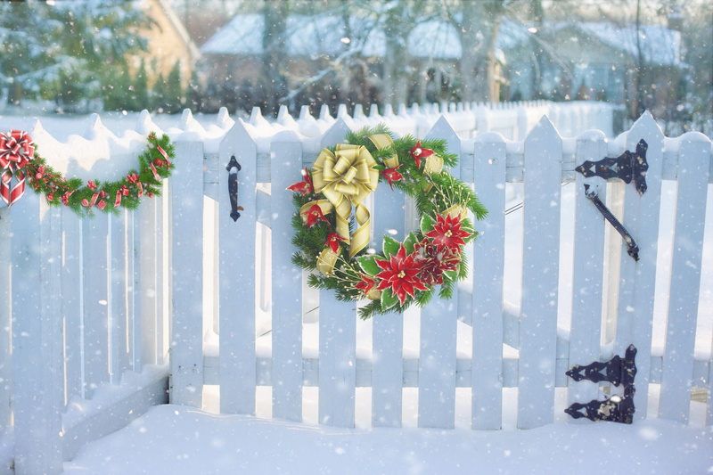 outdoors, beauty in nature, day, red, christmas, 5K, flowering plant, boundary, snow, tree, christmas wreath on fence, rustic, blizzard, december, country