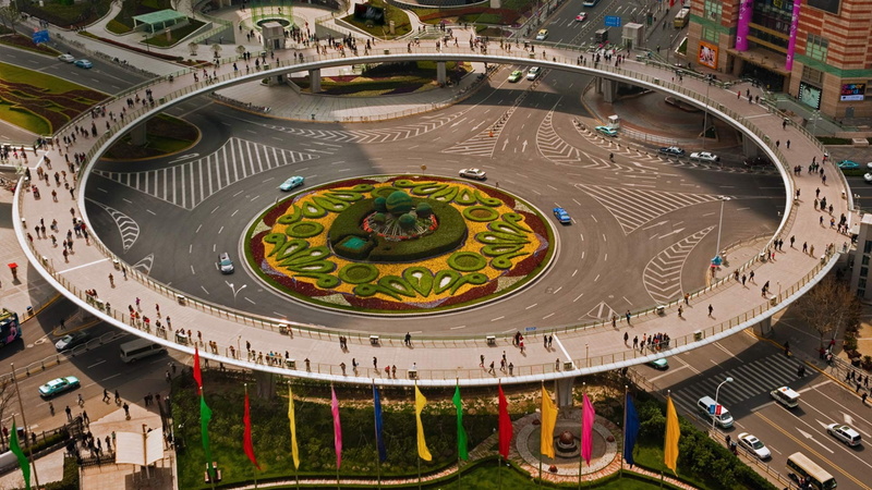 road, China, architecture, bridge, street, Traffic, Flag, Roundabouts, Urban, building, car, Shanghai, circle, Crowds, 1080P
