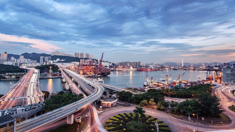 Dock, Trees, 4K, sunset, architecture, Cranes (machine), container, Lights, building, Long Exposure, ship, Container Ship, Cityscape, street, Evening