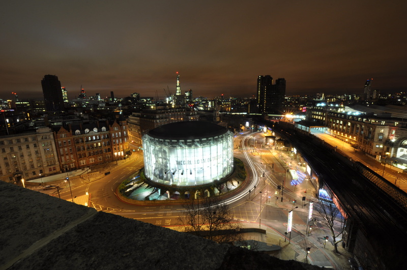 outdoors, office building exterior, night, london, buildings, slow, sky, building, lighted, modern, street, building exterior, illuminated, light trail