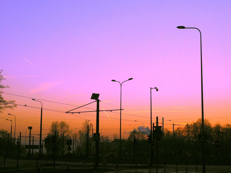 orange sky, traffic signs, nature, twilight, abendstimmung, fuel and power generation, tree, electricity pylon, roundabout, connection, light, no people