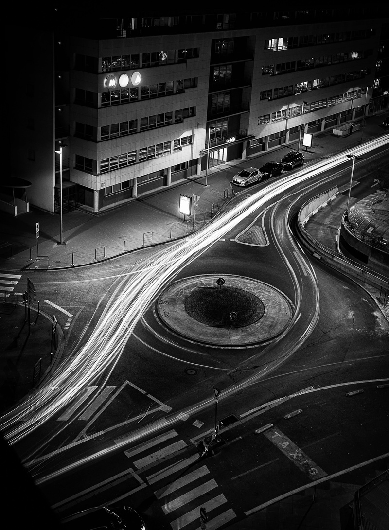 transportation, illuminated, no people, motor vehicle, building, roundabout, multiple lane highway, circulation, built structure, building exterior, 2K