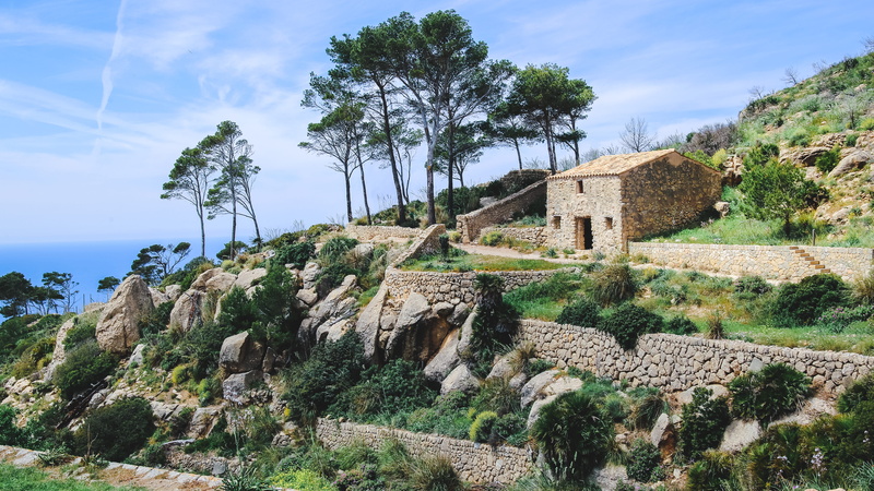 no people, landscape, stones, water, 5K, sant elm, tree, day, cloud - sky, old ruin, solid, mallorca, architecture, trees, nature, built structure, the past