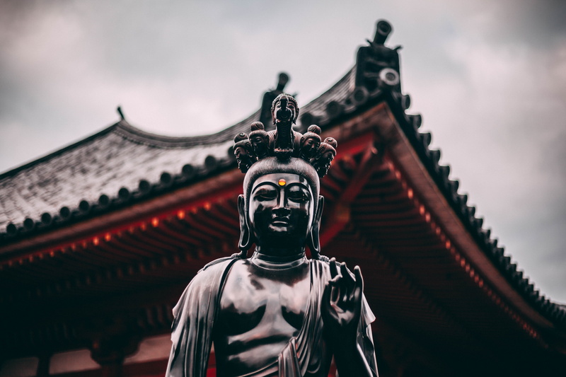 religion, roof, human representation, temple, pagoda, dark, urban, belief, asia, architecture, front, built structure, low angle view, building exterior