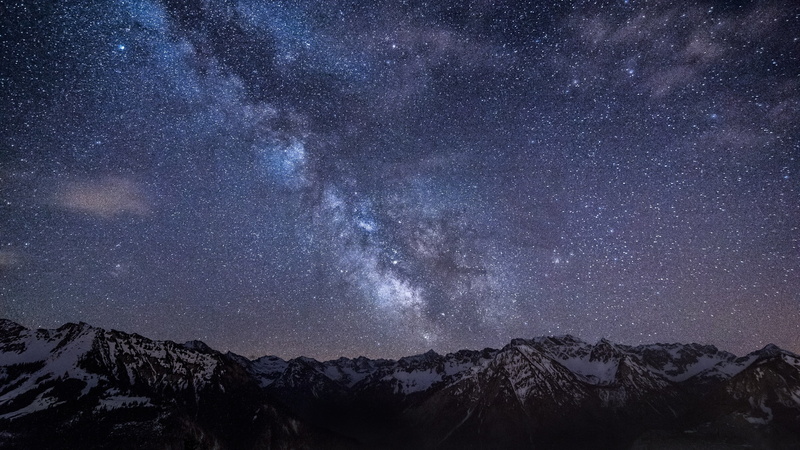 nature, no people, mountain, tranquility, environment, 2K, outdoors, winter, sky, mountain peak, snow, galaxy, tranquil scene, milky way, beauty in nature