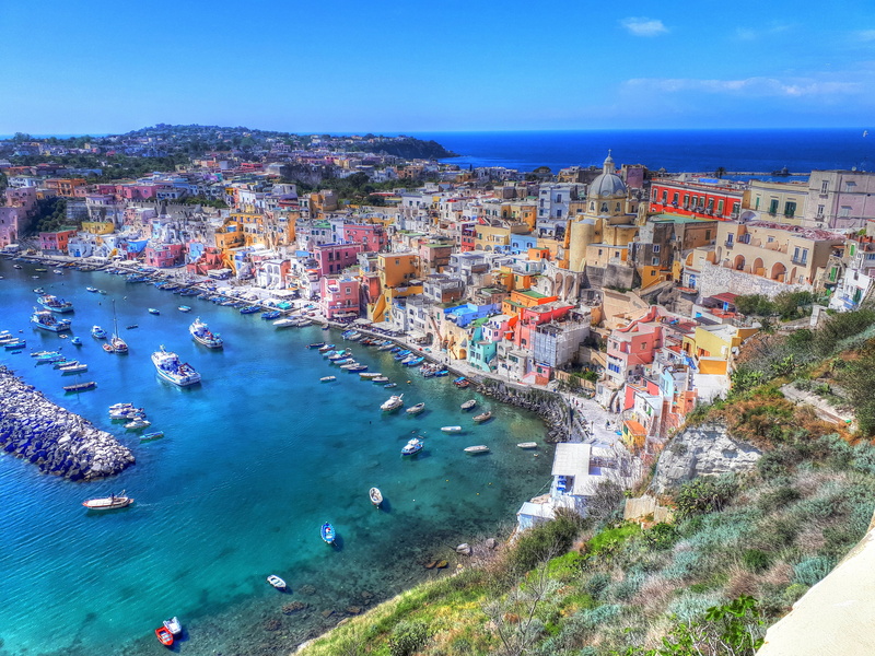 Campania, 4K, sea, bay, Italy, cityscape, Procida, harbor, boat, church, house, city, landscape