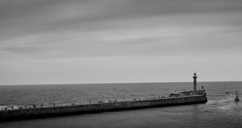 view, contrast, outdoors, bandw, landscape, built structure, sea, sky, guidance, nature, united kingdom, scenics - nature, pier, security, wall, no people