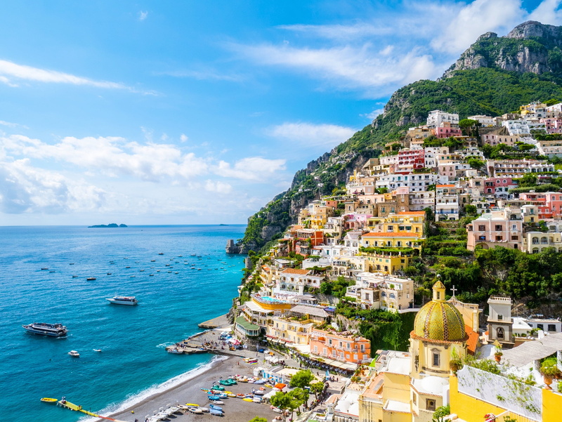 cultures, water, tourism, outdoors, town, Amalfi Coast, cityscape, harbor, Bay, sky, blue, history, adriatic Sea, tourist Resort, mountain, island, day