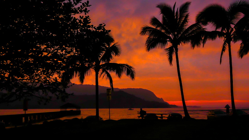 surf, growth, romantic sky, 2K, beach, nature, tranquility, palms, silhouette, sunset, kauai, idyllic, scenics - nature, boat, hanalei bay, guitar, tranquil scene